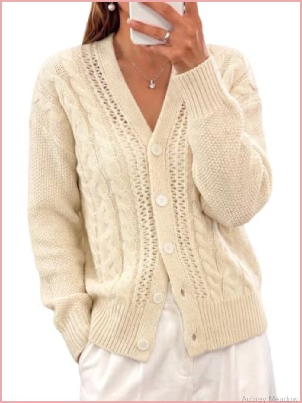 Womens Cable Knit Button Down Cardigan Long Sleeve V-Neck Loose Fit